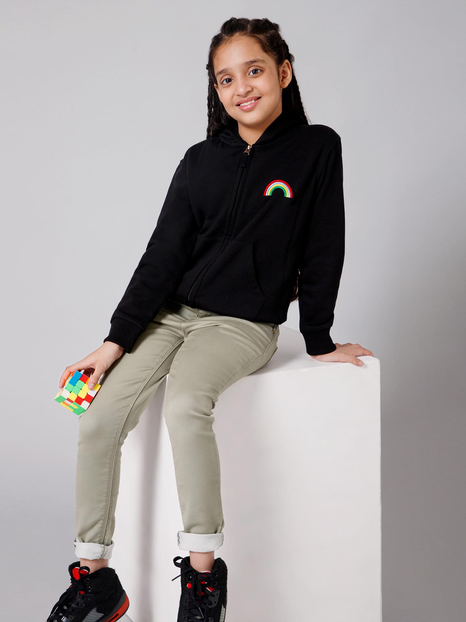 Alan Jones Clothing Girls Zipper Hooded Sweatshirt | Placement Print | Insert Pockets | Ribbed Hem | Regular Fit | Black_11-12 Years 3