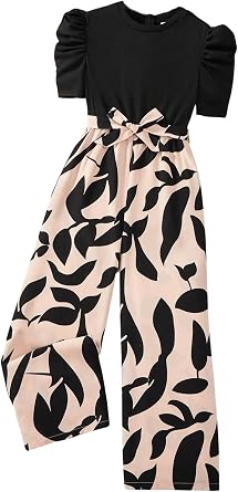 WDIRARA Girls's Casual Graphic Puff Sleeve Bow Belted Wide Leg Jumpsuit