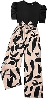 Girls's Casual Graphic Puff Sleeve Bow Belted Wide Leg Jumpsuit - Buy now