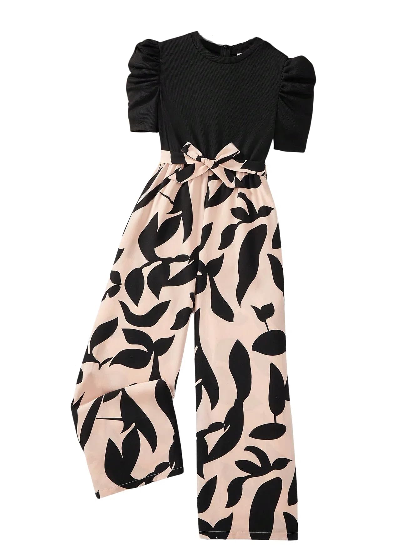 WDIRARA Girls's Casual Graphic Puff Sleeve Bow Belted Wide Leg Jumpsuit