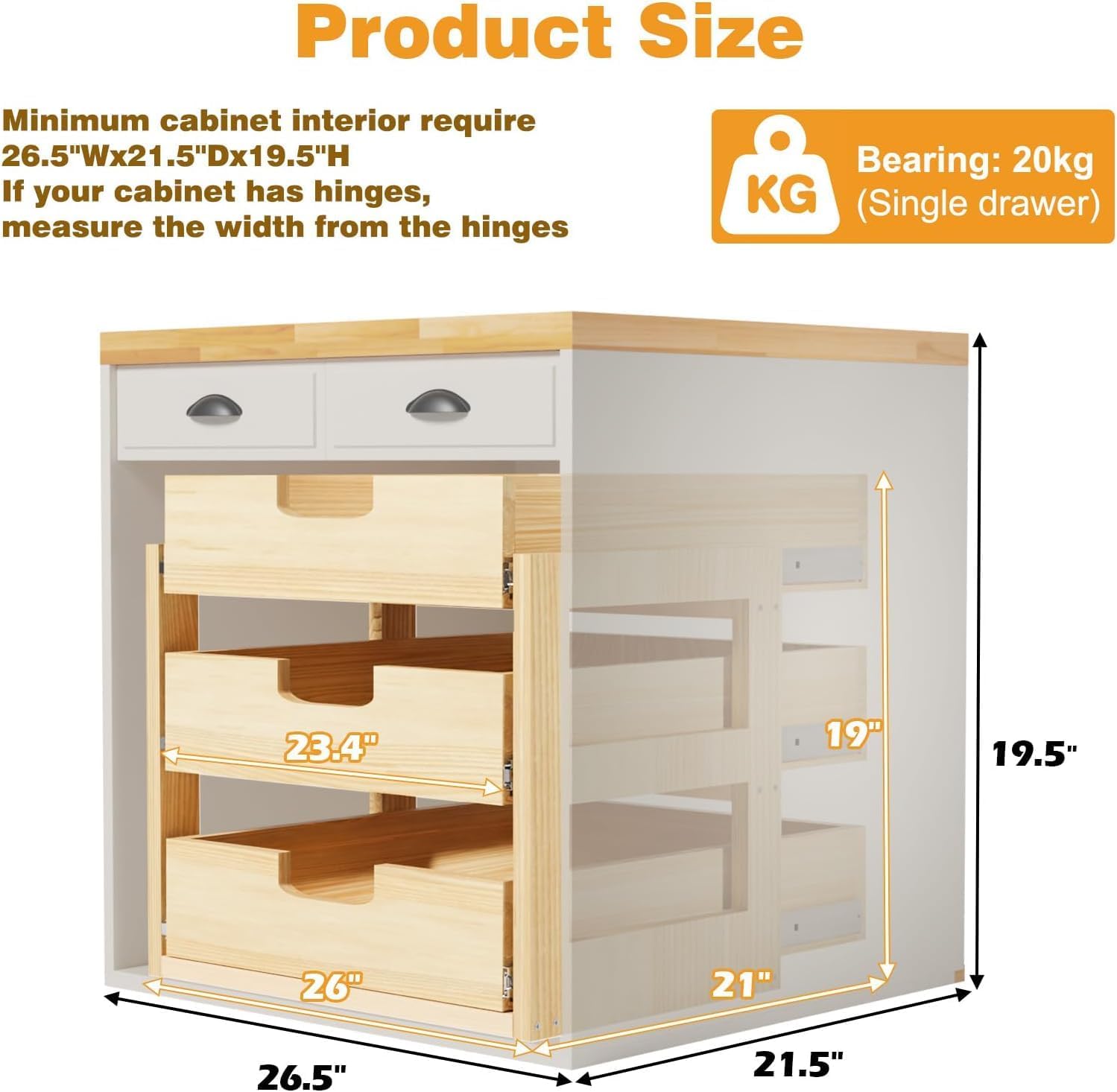Pull Out Cabinet Organizer, 26''W×21''D Sliding Drawers for Cabinets, 3 Tier Soft Close Slide Out Wooden Pull out Drawers, Base Cabinet Organization for Kitchen, Pantry, Bathroom.
