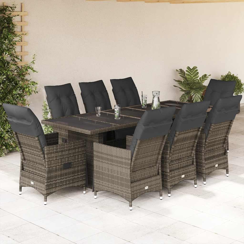Set Bistro Giardino 9 Pz Poly Rattan Grigio Cuscini | Schienale E Poggiapiedi Regolabili, Fodera Rimovibile Lavabile, Superiore In Vetro Temperato