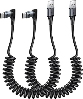 SUNGUY USB C Spiral Cable Angle [0.4 m - 1 m], 2 Pieces 90 Degree USB A to USB C Data Cable for Android Car & Carplay, iPhone 16/15 Series, Galaxy S25 S24 S23 S22, Google Pixel, Xiaomi