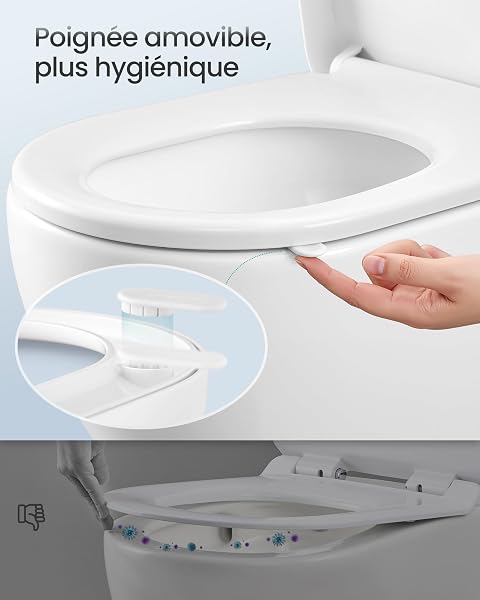 SONGMICS BTL003WZ01 Extended D Shape Toilet Seat with Drop Brake, Handle, Clipsable, Universal Toilet Seat, Easy Installation, PP Plastic Seat, Capacity 300 kg, White - 3