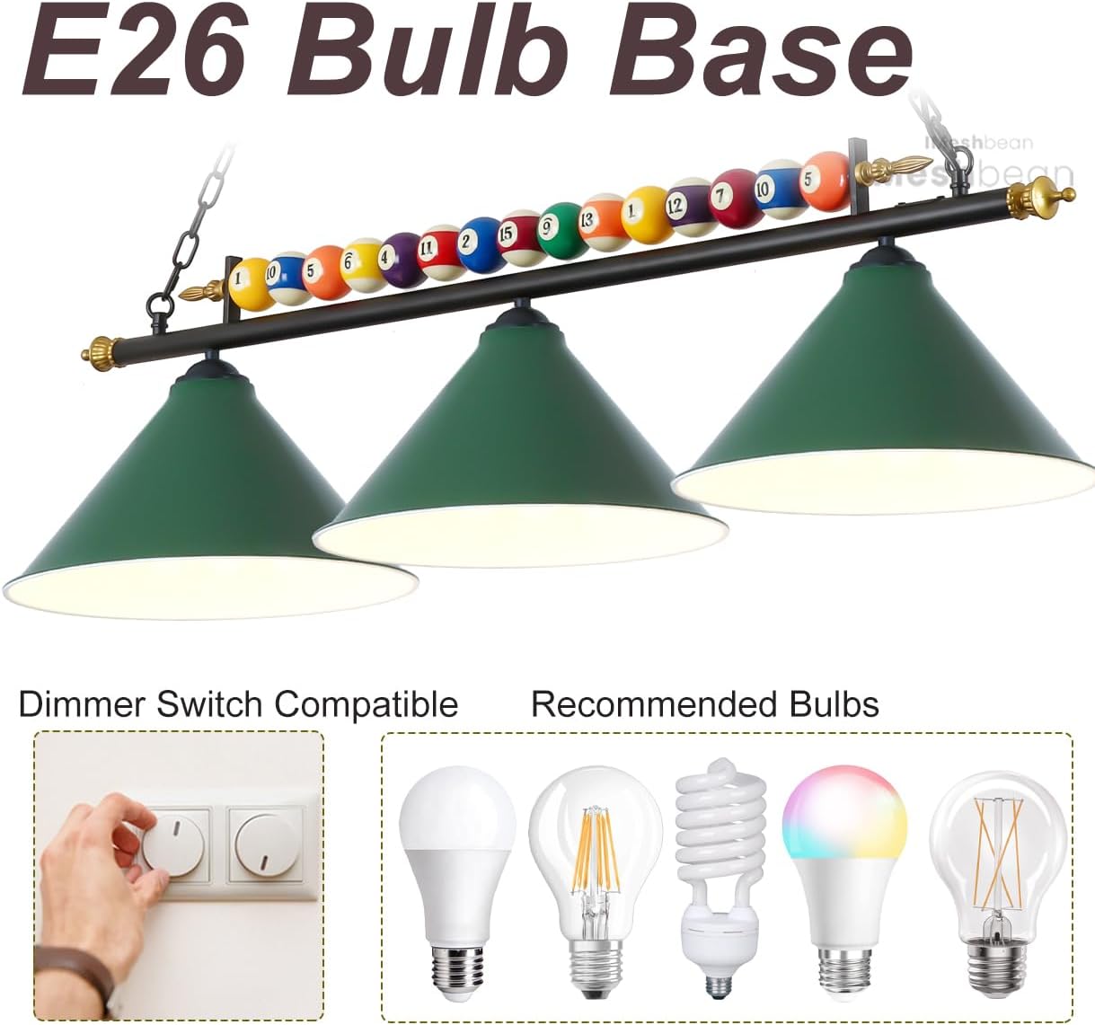 47" Pool Table Light, Pool Table Lights Lighting Fixture for 7' 8' Pool Table ,Pool Table Lights Hanging Over Pool Table,Real Billiard Ball with 3 Metal Lamp Shades for Game Room Pool Table Billiards