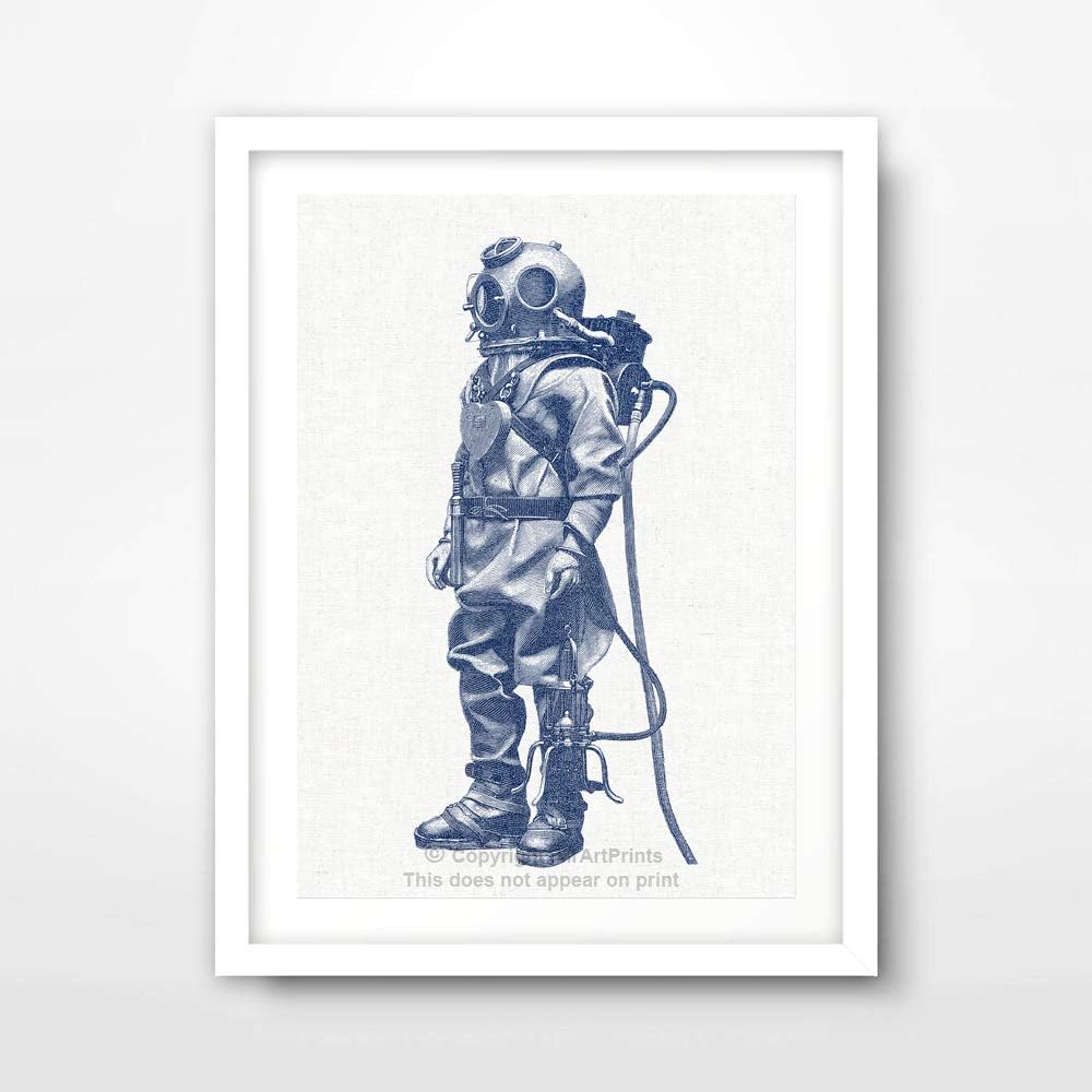 DEEP SEA VINTAGE ANTIQUE DIVER DIVING HELMET BLUE MARITIME SEASIDE NAUTICAL ILLUSTRATION DRAWING ART PRINT Poster Home Decor Interior Design Wall Picture A4 A3 A2 (10 Size Options)