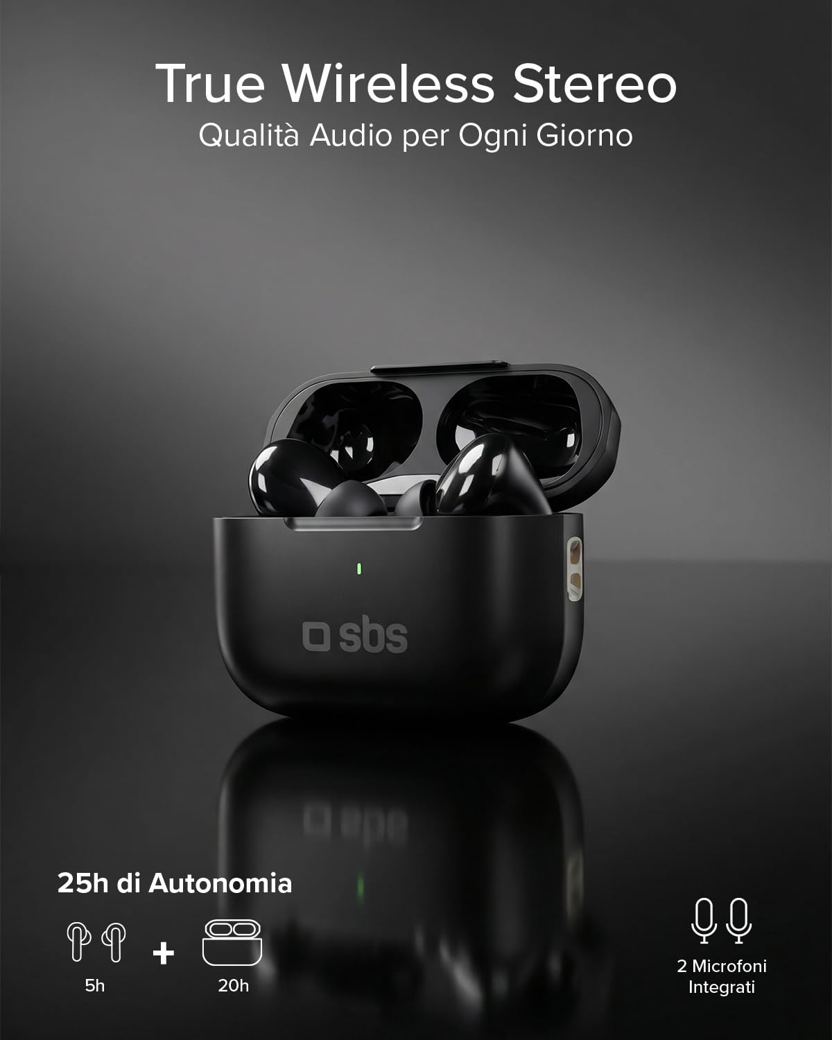 SBS Air Kab Max TWS Cuffie Auricolari In-Ear True Wireless Stereo | Custodia con Ricarica Wireless, Hall Switch, Dual Leader, Comandi Touch, per Smartphone, Tablet, Laptop, Autonomia 5h, Nero