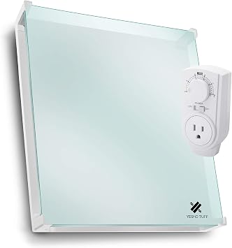 EconoHome Wall Mount Space Heater Panel - with Thermostat and Glass Heat Guard Cover - 400W Convection Heater - For 120 Sq Ft Room - 120V Electric Heater