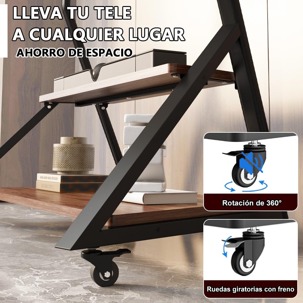 Soporte para TV con Ruedas y Estante de Madera para Pantallas Planas Curvas de 50 a 100 Pulgadas, Carrito para TV de Exterior de Alta Resistencia con Ruedas, con Capacidad para hasta 100 kg