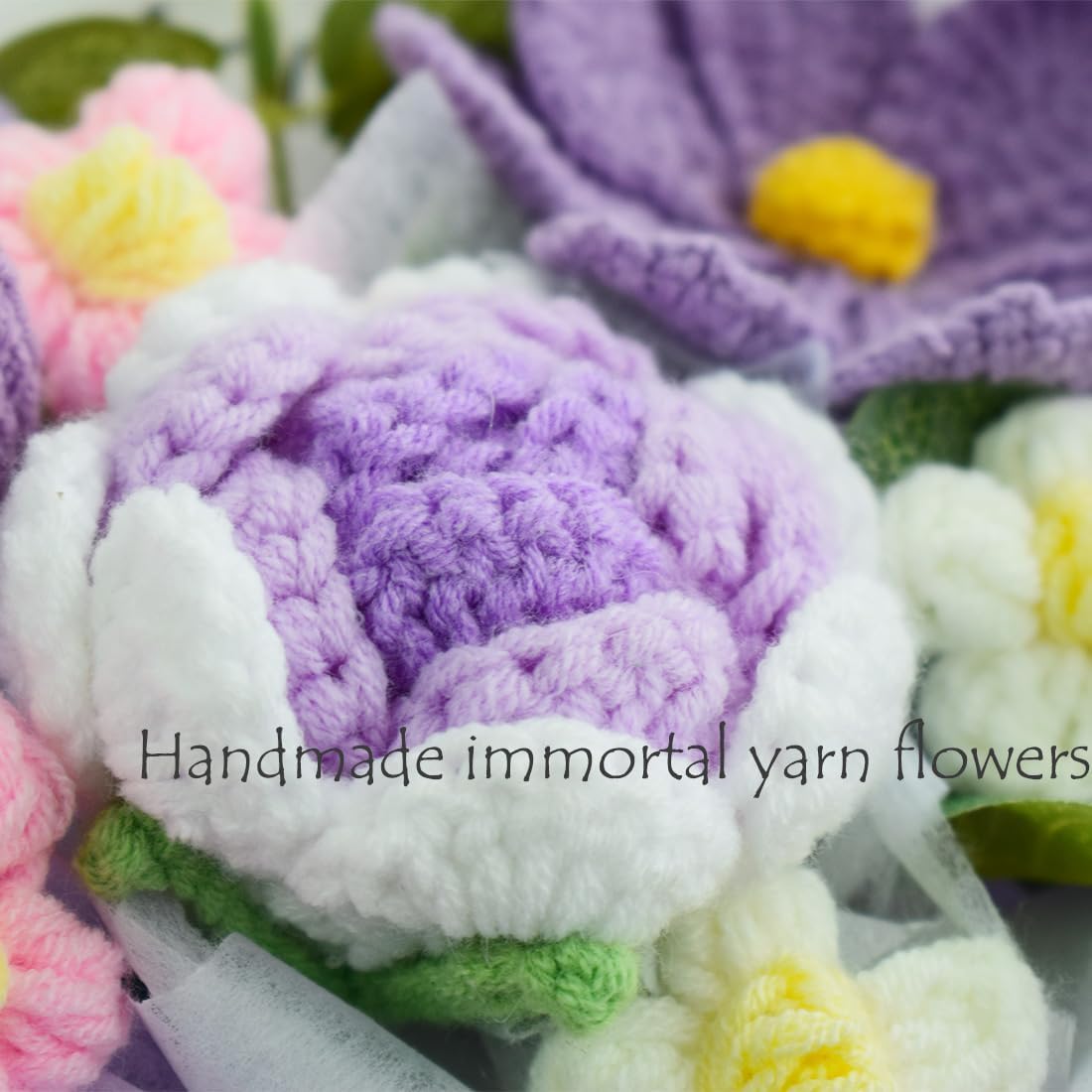Crochet Flowers Bouquet Purple,Handmade Crochet Tulip Rose Flowers Bouquet,Knitted Floral Gift for Mum Mother's Day Women Teacher Birthday Wife Lover Friends with Gift Box Bag and Card
