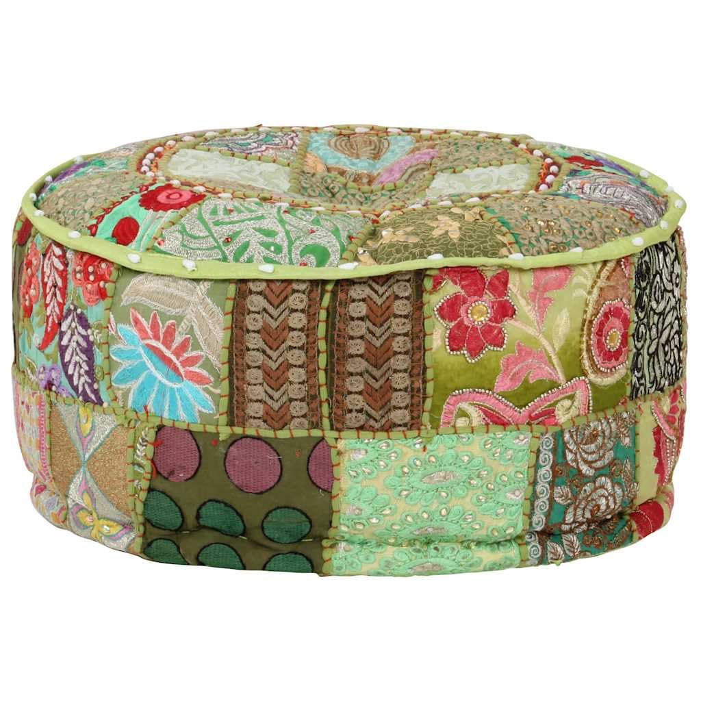 Patchwork pufa do siedzenia, okrągła, bawełniana, ręcznie wykonana, 40 x 20 cm, zielona, styl vintage, wygodna poduszka na podłogę, dekoracyjna podnóżek, z haftem, wszechstronne siedzisko do
