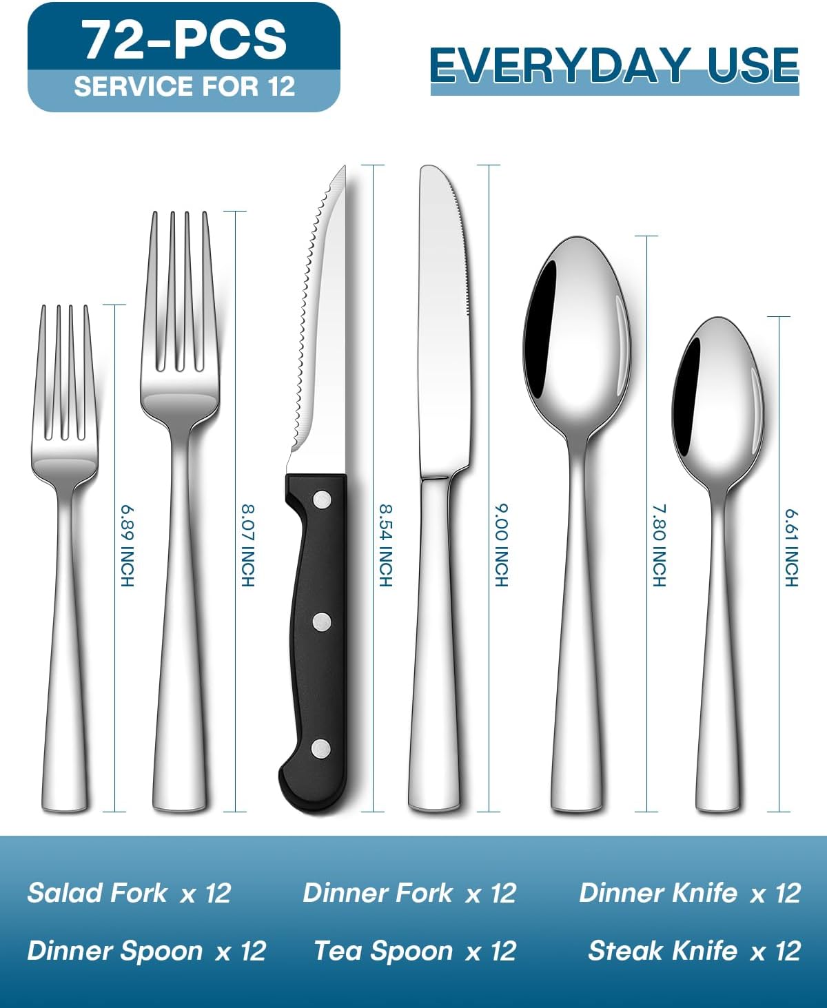 Stapava 72-Piece Silverware Set with Steak Knives, Food-Grade Stainless Steel Flatware Set for 12 Mirror Polished Cutlery Utensil Sets Include Forks Spoons and Knives Set Dishwasher Safe