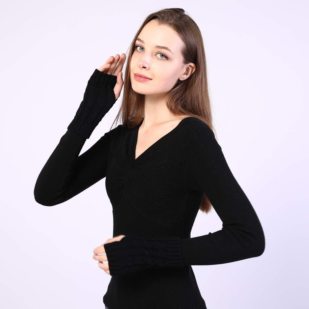 ATHX Women Winter Fingerless Gloves Knit Arm Warmer Mittens with Thumbhole (Black, Free Size) at  Women’s Clothing store