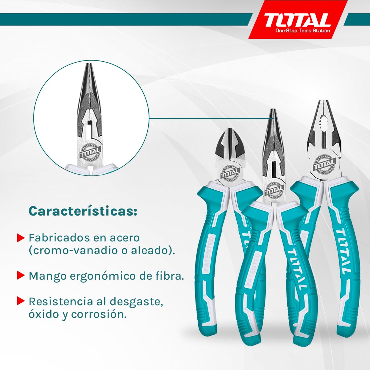 TOTAL - Juego de 3 Alicates - Universal 180 mm - Corte Diagonal 160 mm - Boca Plana 160 mm - Mango Ergonómico de Fibra - Acero - Ideal para Bricolaje y Electricistas - Peso 650 Gr