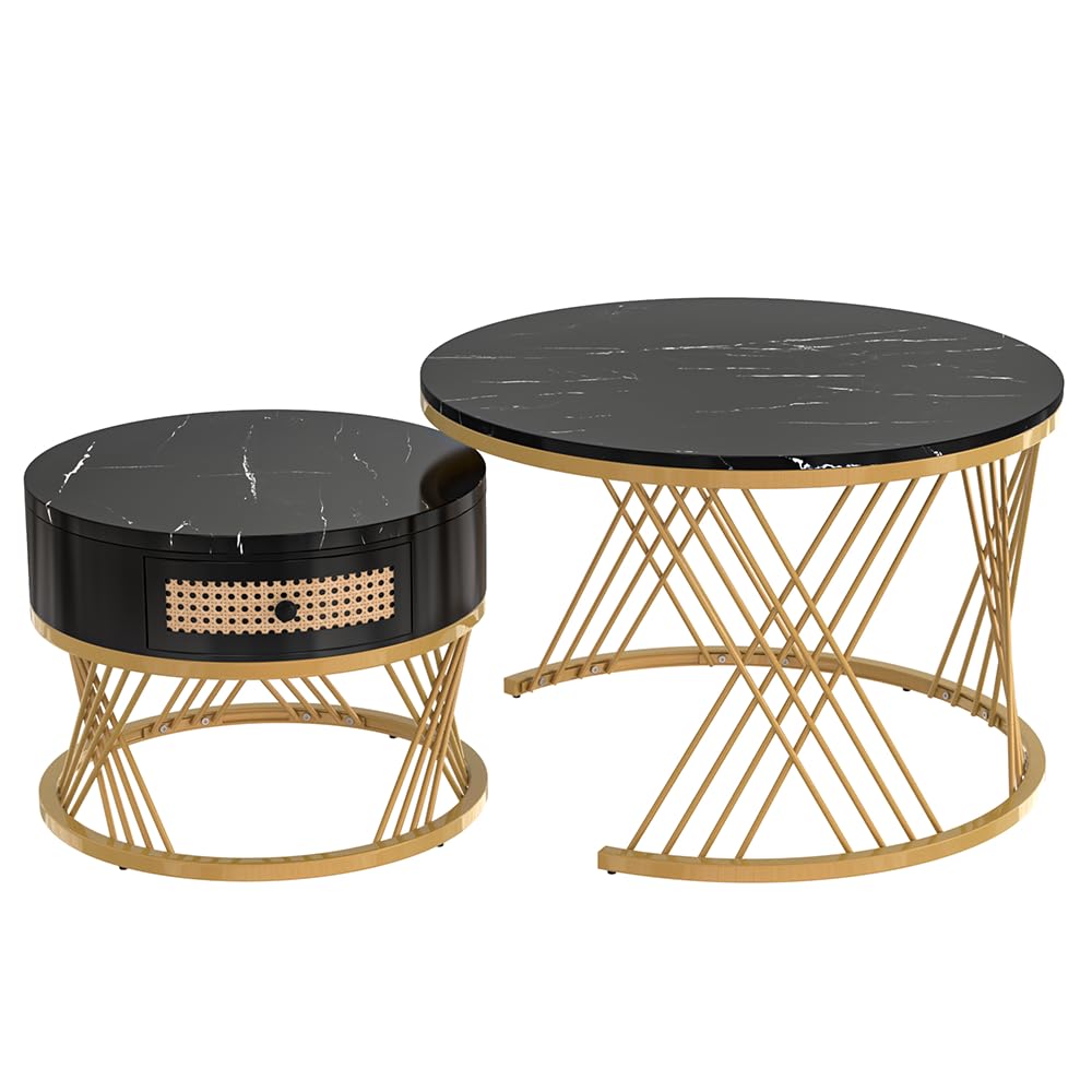 Table basse salon noire gigogne ronde en MDF marbre et rotin avec tiroir