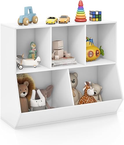 COOURIGHT Almacenamiento de juguetes con estantería, estribo de biblioteca, organizador de juguetes de madera abierta de 5 cubos, estante de