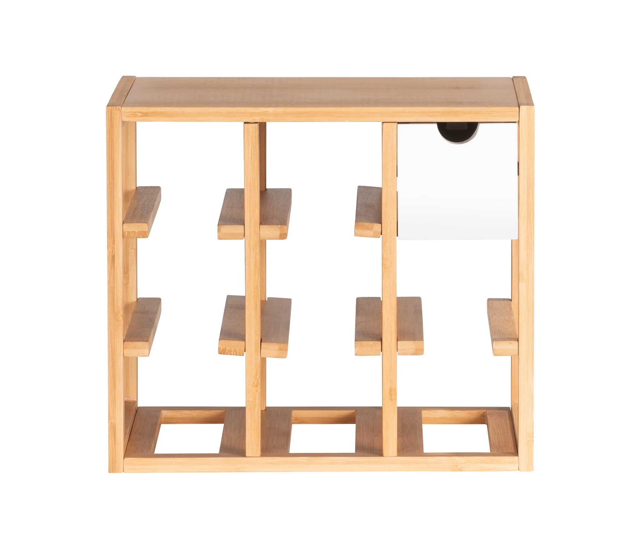 WENKO Étagère à vin Finja, étagère pouvant accueillir jusqu'à 8 Bouteilles, avec tiroir intégré pour Tire-Bouchon, verseur-verseur et Serviettes, en Bambou Naturel/MDF, 33,5x29x24 cm, Nature/Blanc