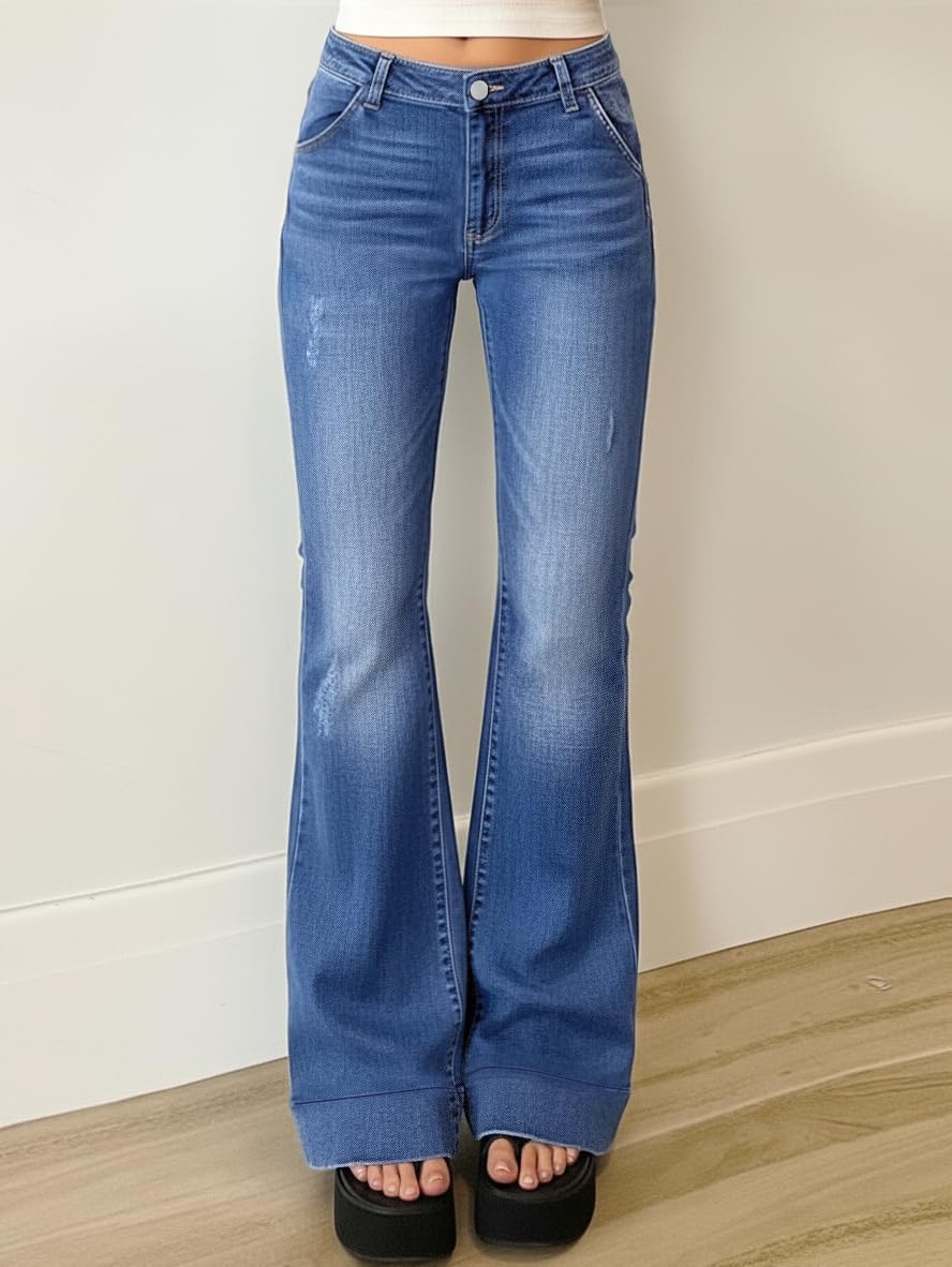 EMMIOL Women Mid-High Waisted Flare Jeans Y2K 90s Vintage Stretchy Bootcut Wide Leg Denim Pants Bell Bottom - Image 2