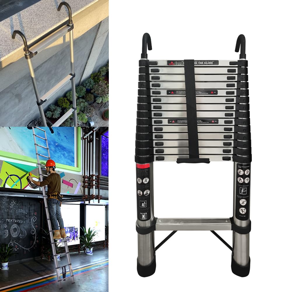 Escalera telescópica de acero inoxidable Rigogo de 5 m con 2 ganchos, escalera extensible antideslizante para ático, escalera de atraque, 14 peldaños, fácil de transportar, capacidad de carga de 150