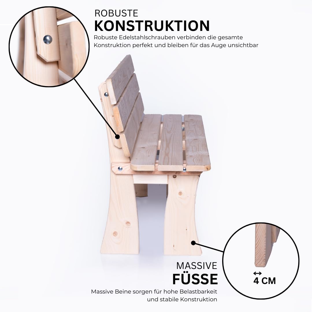 Mega Holz Gartenbank Holz mit Rückenlehne UNGARN 118x48x80 cm - 2-Sitzer aus witterungsbeständiger Kiefer - Wetterfeste Balkonbank aus massiven Holz - Holzbank für Garten, Balkon und Terrasse