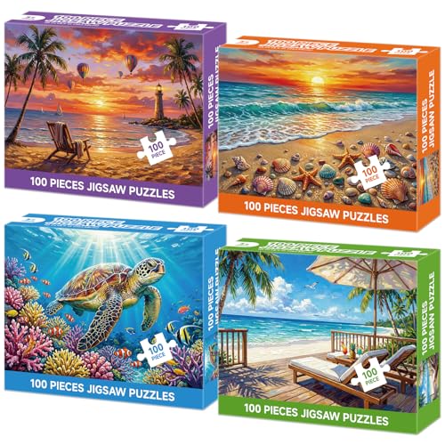 4-Pack 100 Piece Puzzles for Adults Seniors, Nature Landscape Jigsaw Puzzles 100 Pieces, Beach...