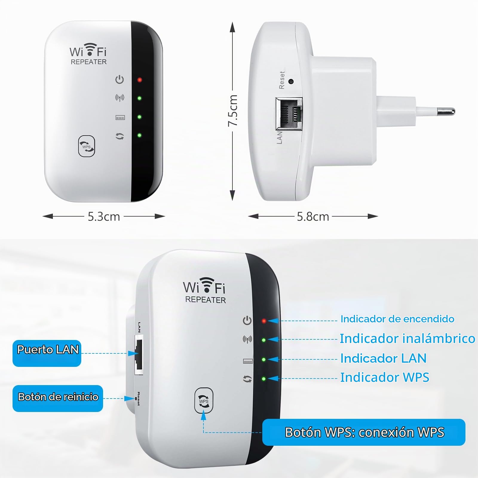 Repetidor WiFi 300Mbps Extensor WiFi,2.4Ghz Amplificador de Señal WiFi Extender,con Puerto Ethernet RJ45,con Modo Repetidor/Ap y Protección ...