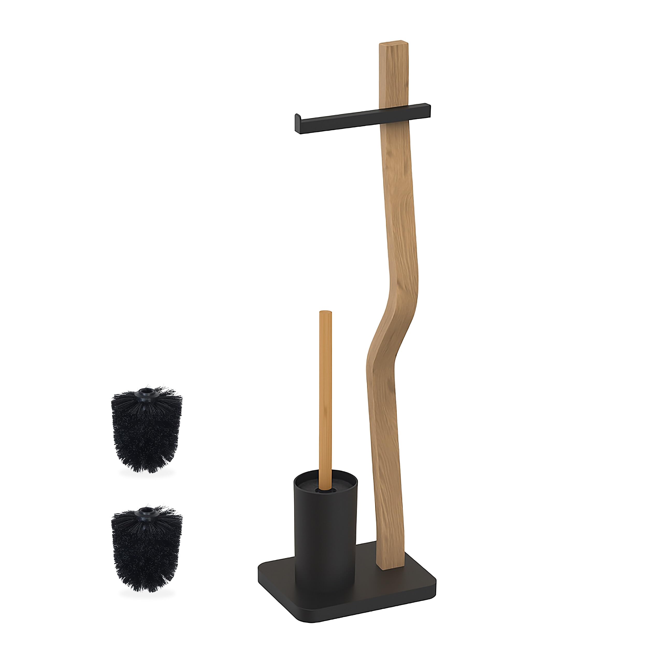 Relaxdays toilet set, HxWxD: 78.5 x 23 x 18 cm, wood & metal, freestanding toilet paper holder with brush, black/natural