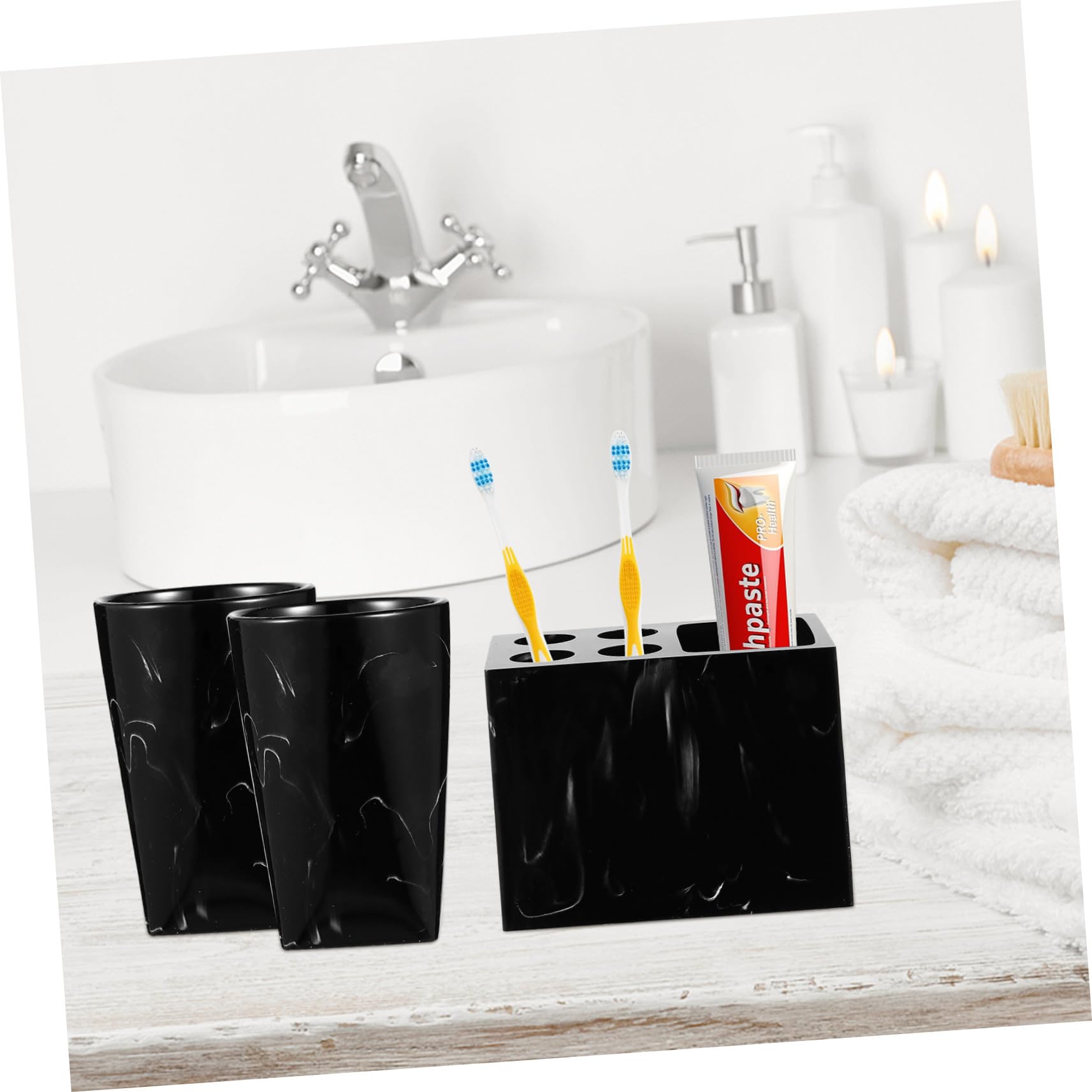 Set de Accesorios de Baño Negro de Resina Jaspeada Botellas de Mano, Soporte para Cepillos de Dientes y Jabonera, Fácil de Limpiar y Cómodo para Uso Diario