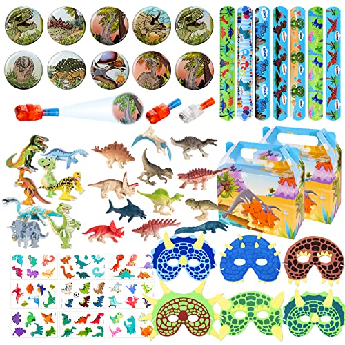 DMIGHT 85 Dinosaur Birthday Party Favors,Dino goodie Bags Stuffers ,for Dinosaur Birthday Party Supplies include 10 Gift Boxes,10 Puzzle toys,10 Pop Circles,10 Finger Lights,10 Button Pins,10 Foam Masks,12 Dinosaur crafts and 13 Sheet Temporary Tatto