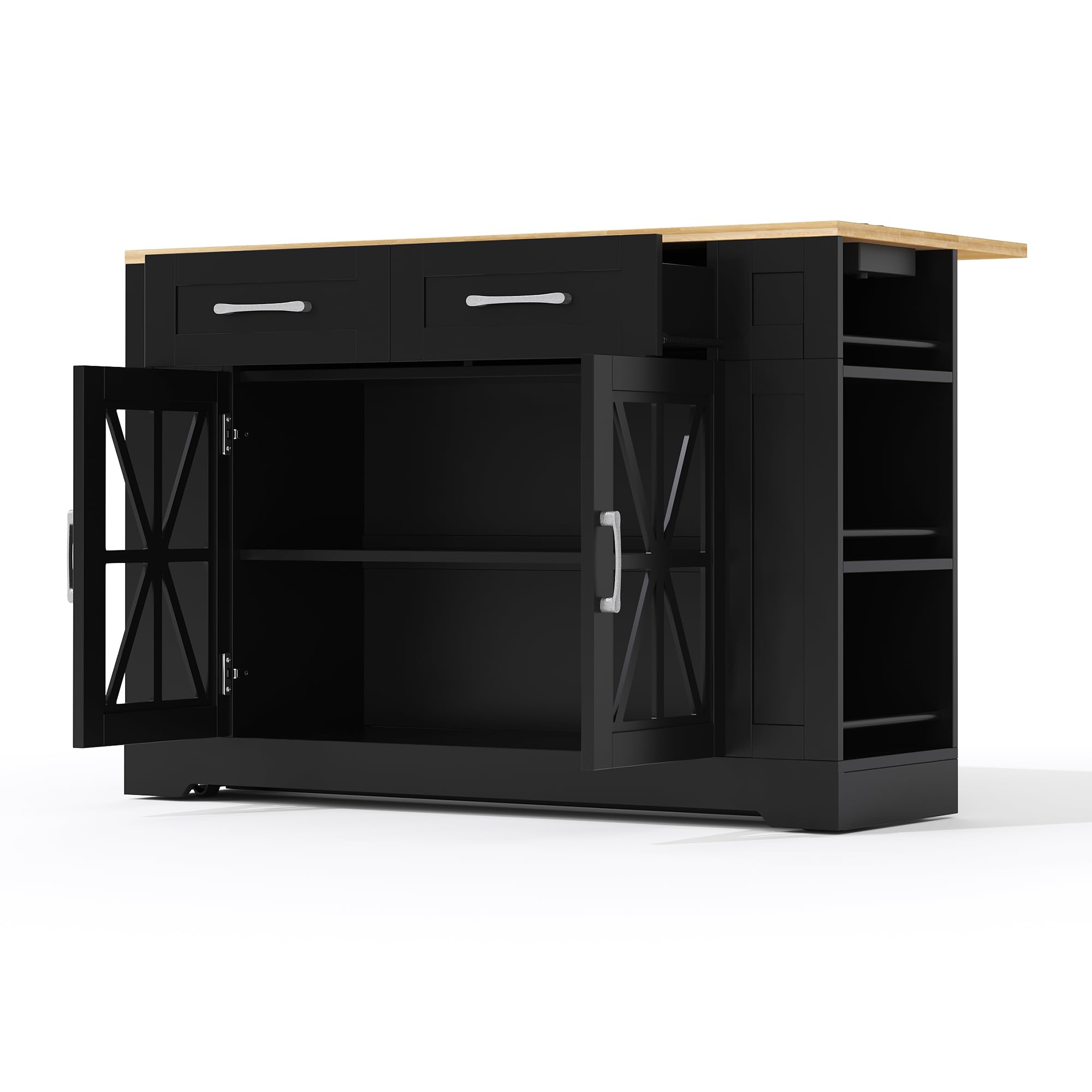 Shye Isola da cucina portatile 120 cm con tavolo da pranzo pieghevole, ripiano aperto, porta AC, porta USB, porta in vetro, laminato regolabile, ruote con freni per cucina, sala da pranzo, soggiorno