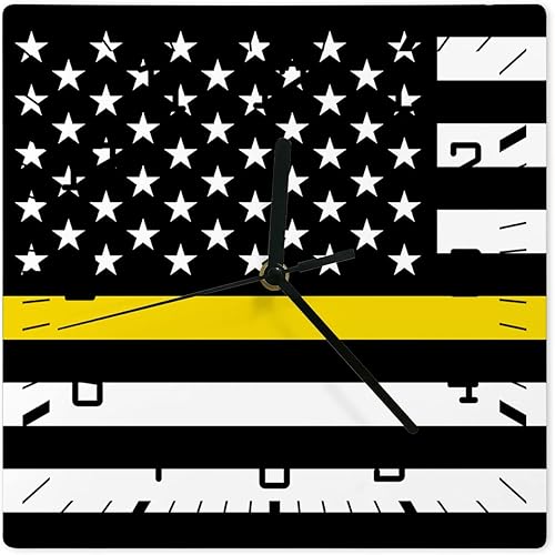 Reloj de pared de madera con bandera de línea amarilla fina, silencioso, sin tictac, bandera estadounidense, rayas amarillas, reloj de pared