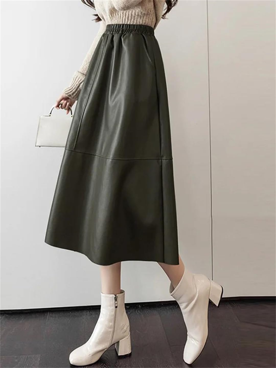 Wjnvfioo Elegantes faldas maxi de mujer cintura alta elástica falda de fiesta femenina vacaciones trabajo PU cuero faldas sueltas