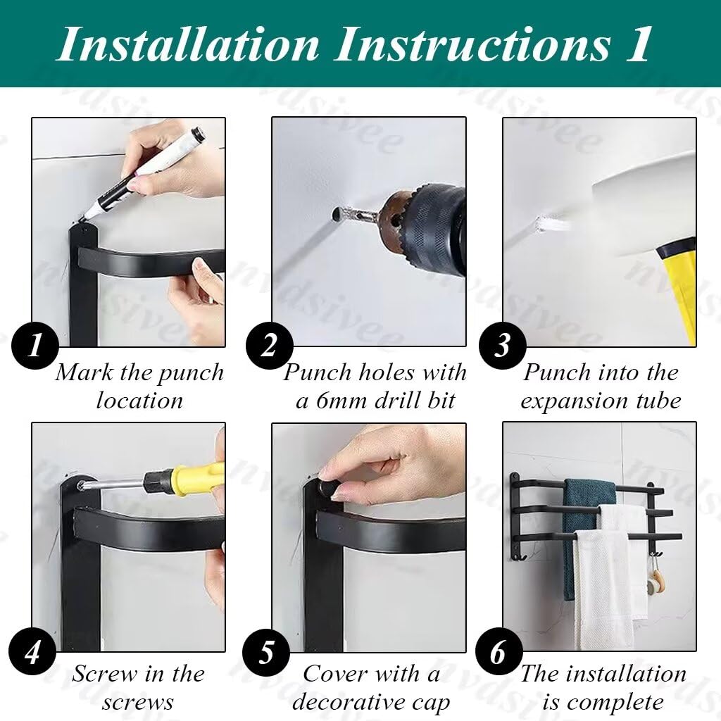 Porte Serviette Salle de Bain sans Percage Porte-Serviettes Murale Noir avec 2 Crochets Barre Serviette en Aluminium Cuisine Noir 3 Couches 60cm