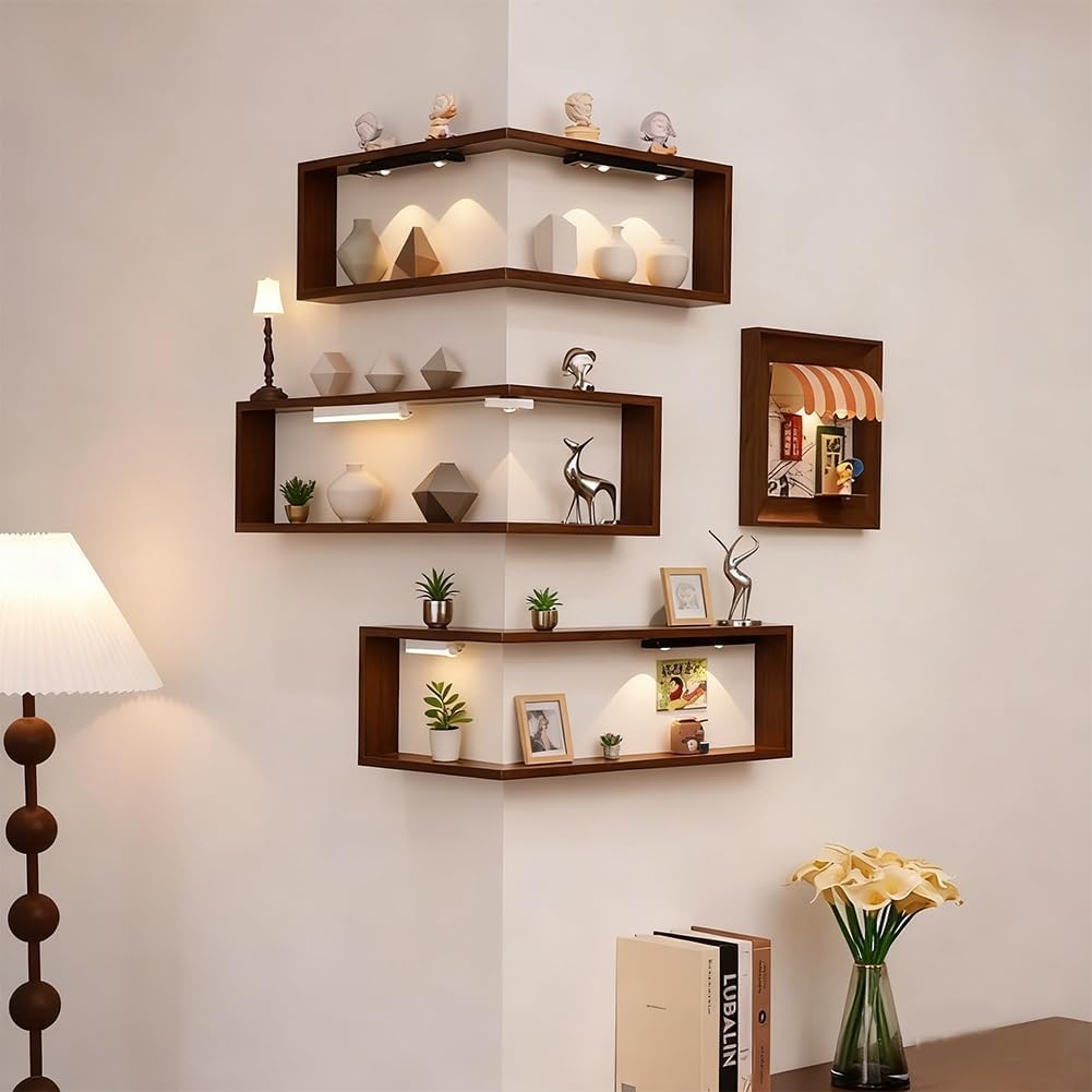Smart Corner Shelves That Light up Your Space,Set of 3 Corner Floating Storage Shelves,Smart Corner Shelf with Light for Figurines and Collectibles, (Set of 3(LED Light not Included))