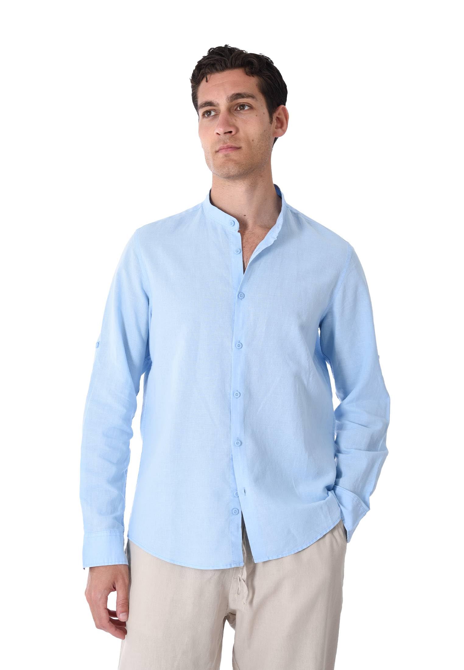 Camisa de hombre 100% lino cuello coreano blanco azul beige celeste negro rosa verde manga larga verano Slim Fit Serafino Sartorial Mangas revolables azul celeste M