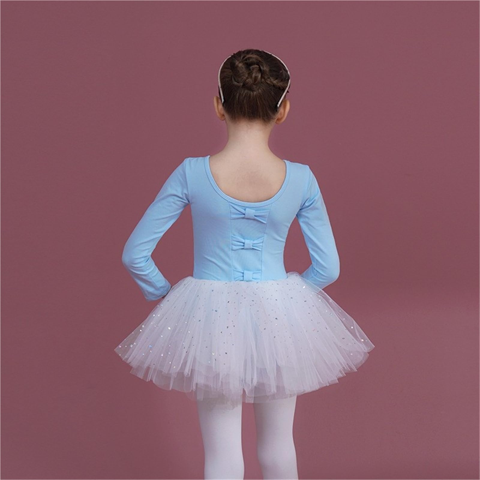 Frauen Ballett Trikot Mädchen Ballett Kleid Gymnastik Trikots Lange Ärmel Tüll Bowknot Skate Tutu Kleid Weihnachten Geburtstag Party Trikot Dancewear(Beige,130)
