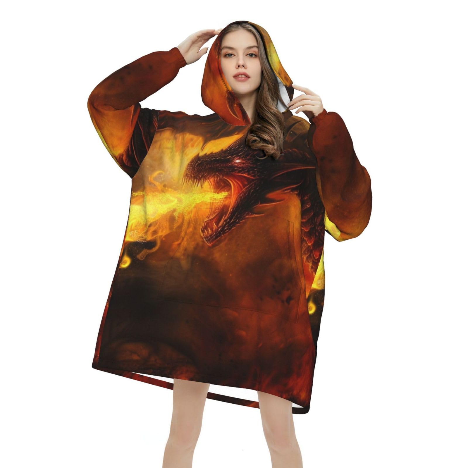 Fire Breathing Dragon Giant Snuggle Hoodie, Oversized Flannel Pullover Blanket with Hood and Pocket, Comfortable Lounge Wear for Men, Women