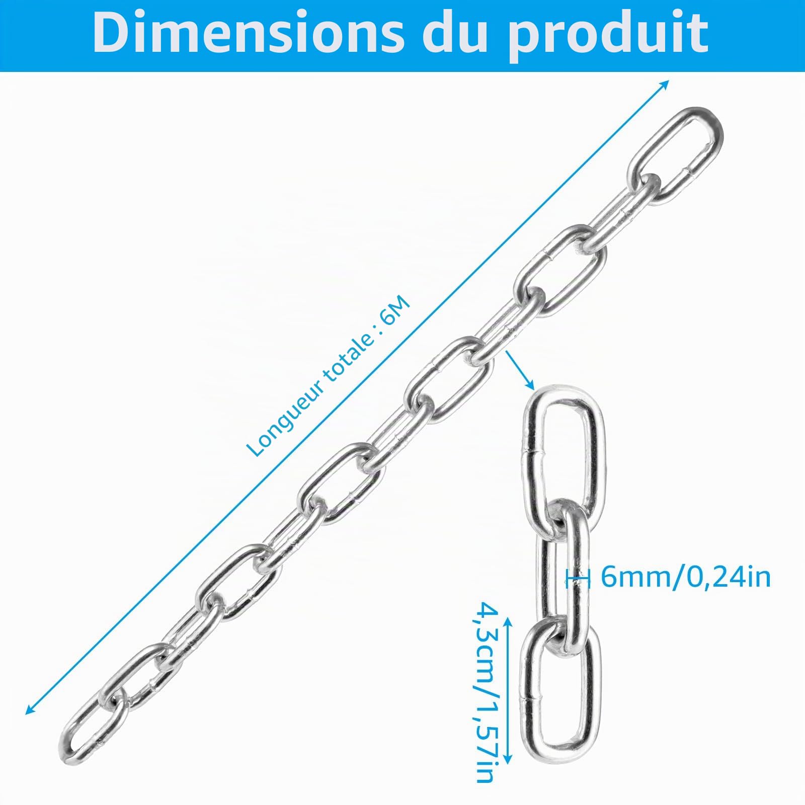 Chaîne en acier galvanisé, 6 m 6 mm - Chaîne métallique robuste, chaîne à maillons argentée pour chaîne de balançoire, chaîne pour lampe, chaînes de démarcation