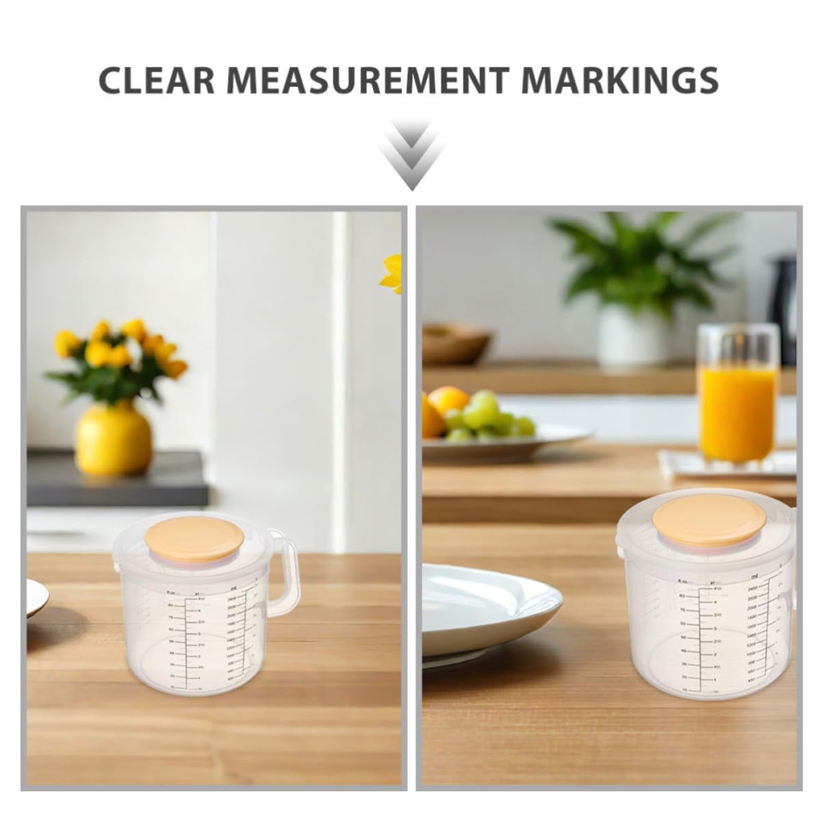 Juego de 2 Tazas Medidoras de Plástico 2.5l con Tapa Antiprolapso para Cocina en Casa, Diseño de Gran Capacidad y Asa Ergonómica Adecuado para Preparar Pasteles y Panes