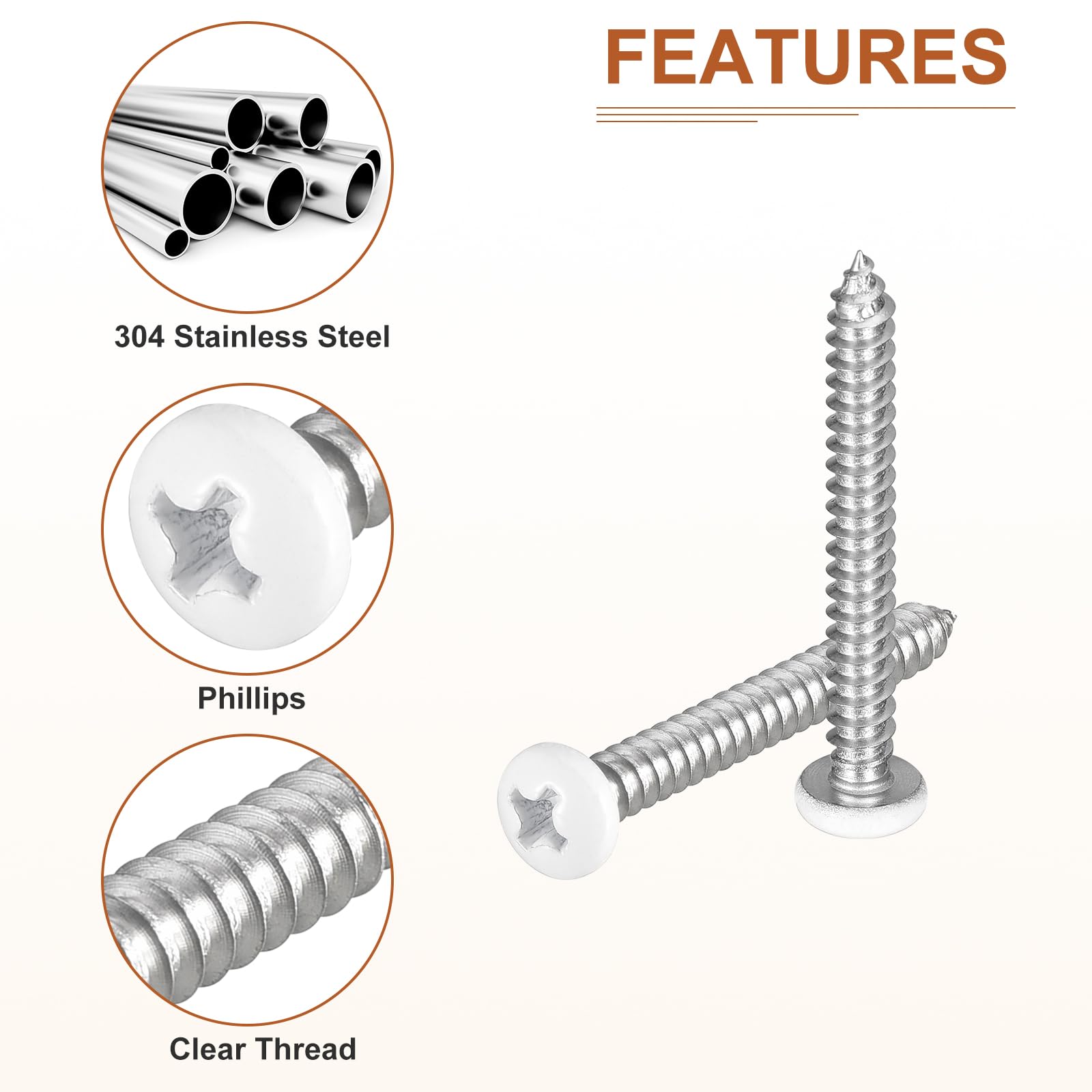 DTGN #8x1-1/2" White Screws 100Pack - 304 Stainless Steel Pan Head Phillips Sheet Metal Screw Self-tapping Screw Wood Screws - Image 4