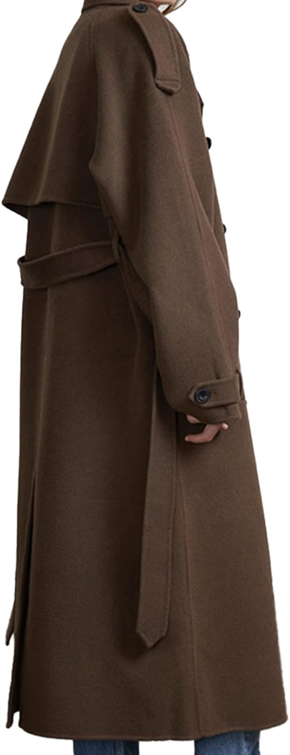 SOMTHRON Women's Winter Double Breasted Peacoat Long Sleeve Notch Lapel Maxi Long Trench Coat Overcoat with Belt - Image 2