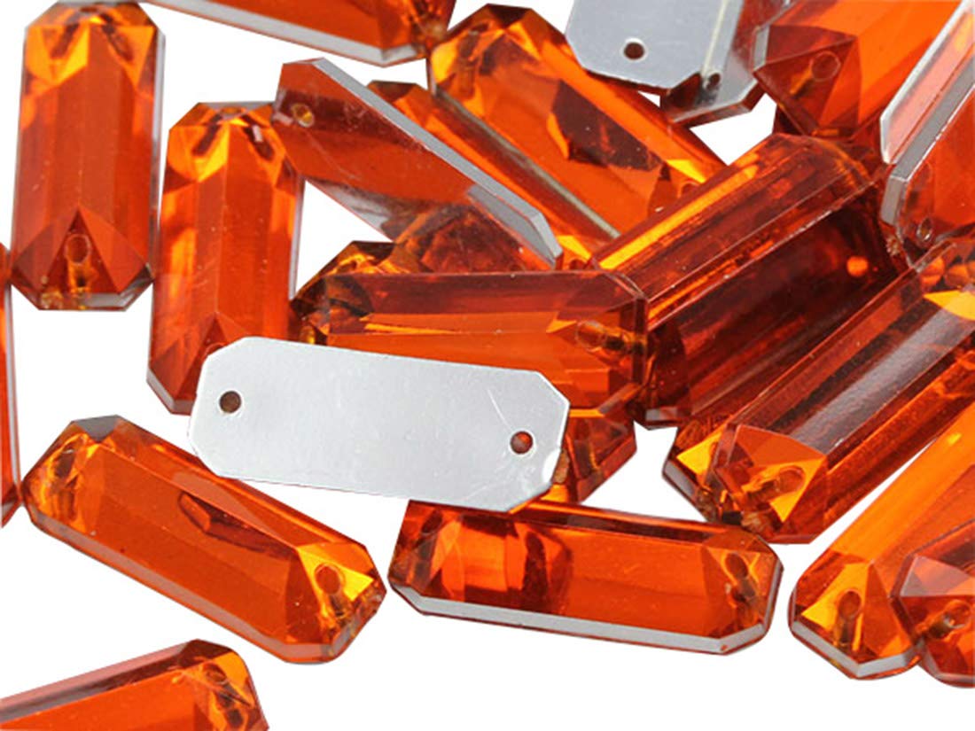 Allstarco 19x7mm Orange Hyacinth CH08 Flat Back Sew On Rectangle Baguette Beads Acrylic Rhinestones Sewing Plastic Gems with Holes for Jewelry Clothes Embelishments