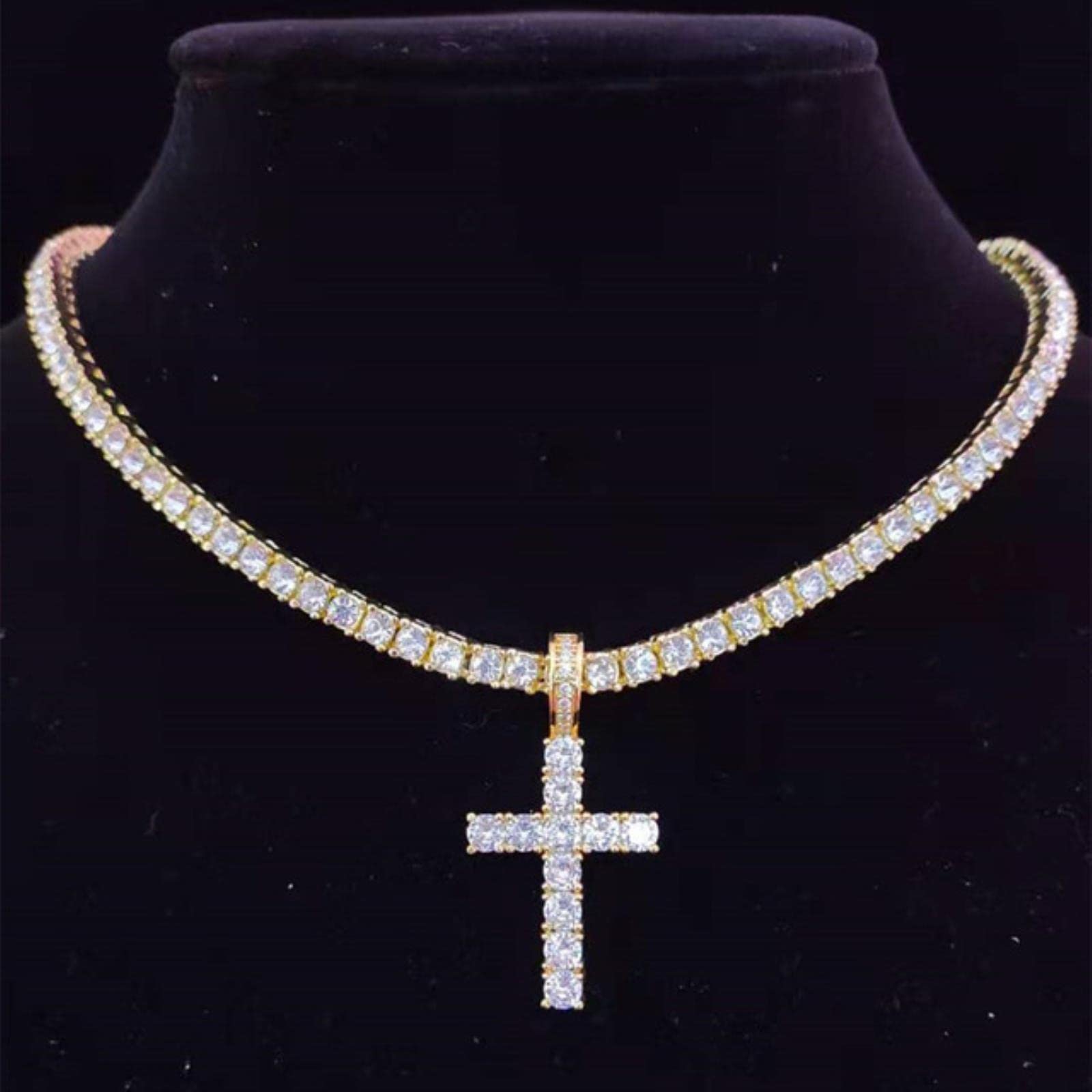 zxcs Men Women Hip Hop Cross Pendant Necklace with 4mm Zircon Tennis Chain Iced out Bling Necklaces HipHop Jewelry Fashion Gift-gold tennis chain,16inch(40cm)