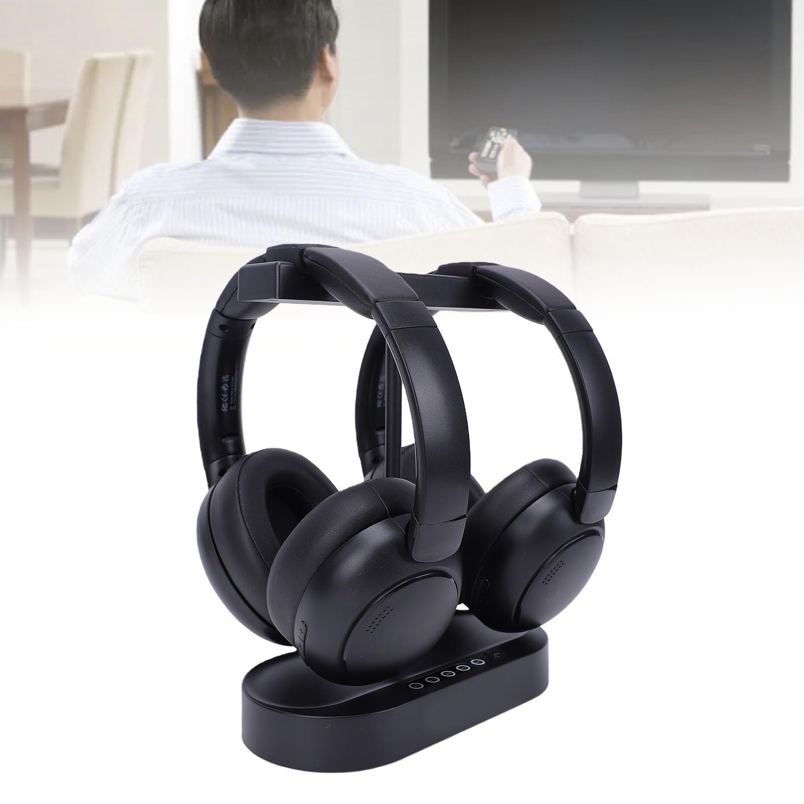 Auriculares Inalámbricos Duales para Ver Televisión, Auriculares Supraaurales con Transmisor, Base de Carga, Baja Latencia, Batería de 40 Horas, para Personas Mayores