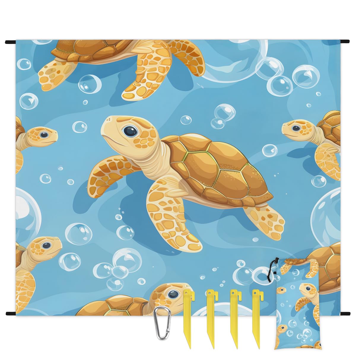 Eabrults Waterproof Sandproof Beach Blanket, 59''×68'' Turtle Polyester Outdoor Picnic Blanket with 4 Stakes & Storage Bag for Beach,Camping,Vacation Ginger