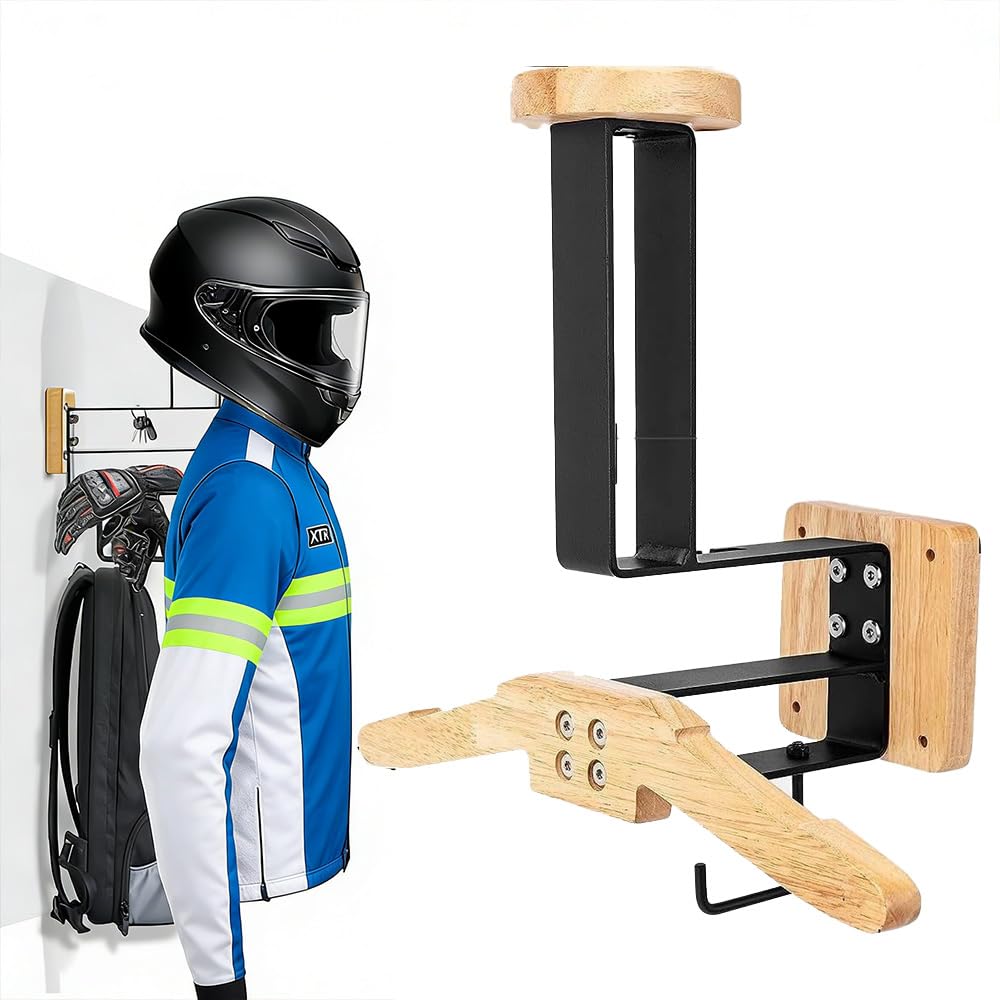 Ccarzzi Helmet Holder, Motorcycle Helmet Stand Wall Mount with Gear Clothes Hanger, Key Hook, Wooden Helmet Holder for Baseball Rugby Helmet, Jacket Riding Gear Storage