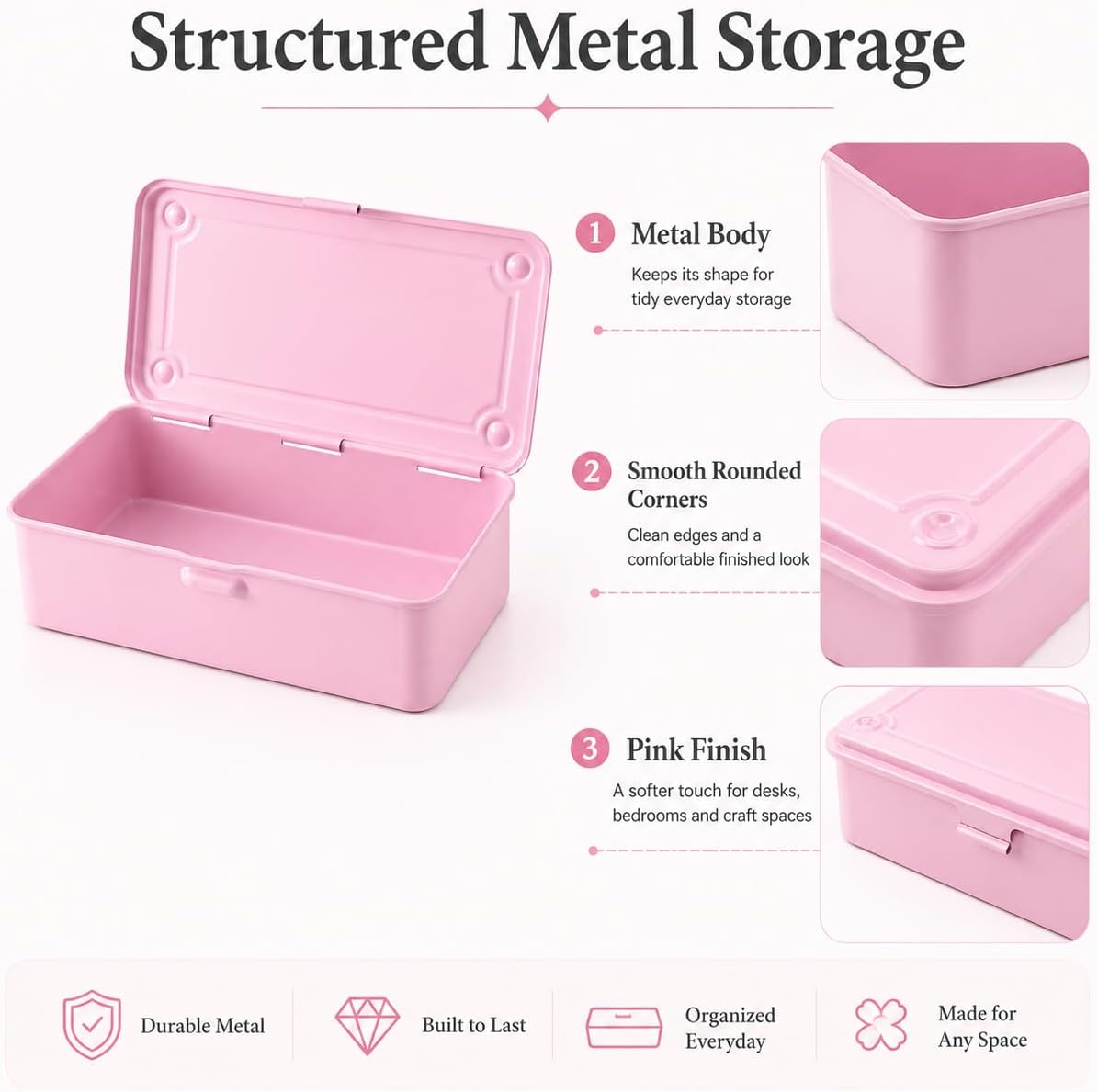 2 Pack Pink Metal Storage Boxes with Hinged Lids, 7.9 Inch