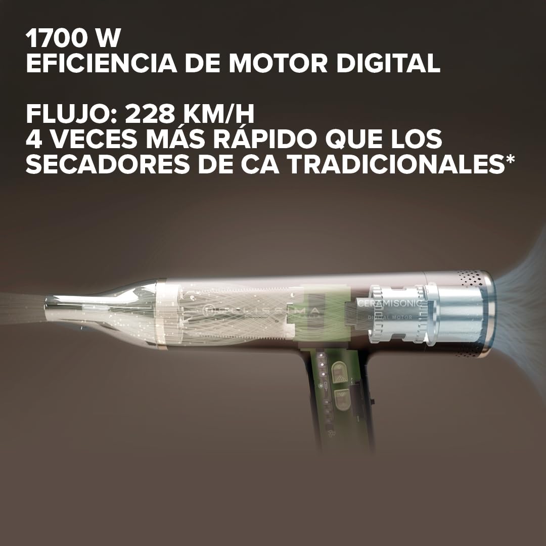 Bellissima Ceramisonic 21014, Secador de Pelo Digital 1700W, 228 km/h, Motor Digital Alta Velocidad, Tecnología Ion Ceramic Hi-Pro Antifrizz, Ultraligero 300 g, Silencioso, Incluye Difusor