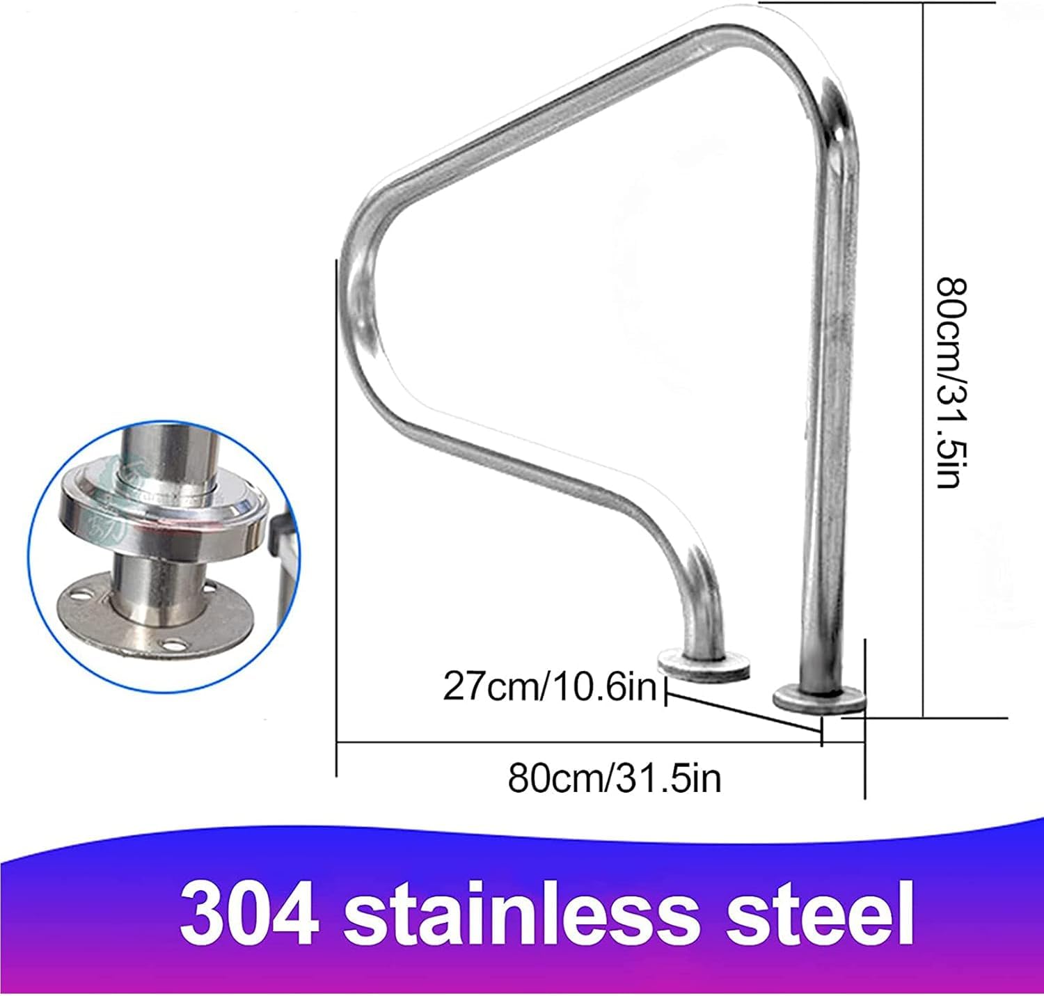 Main Courante de Piscine en Acier Inoxydable 304, Conception antidérapante pour piscines au Sol, Base d'installation Rapide avec vis d'extension, supporte la capacité de Poids de 330 lbs, sans Danger