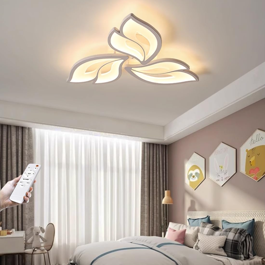 Plafond LED dimmable avec télécommande et design fleur blanc pour salon - 7